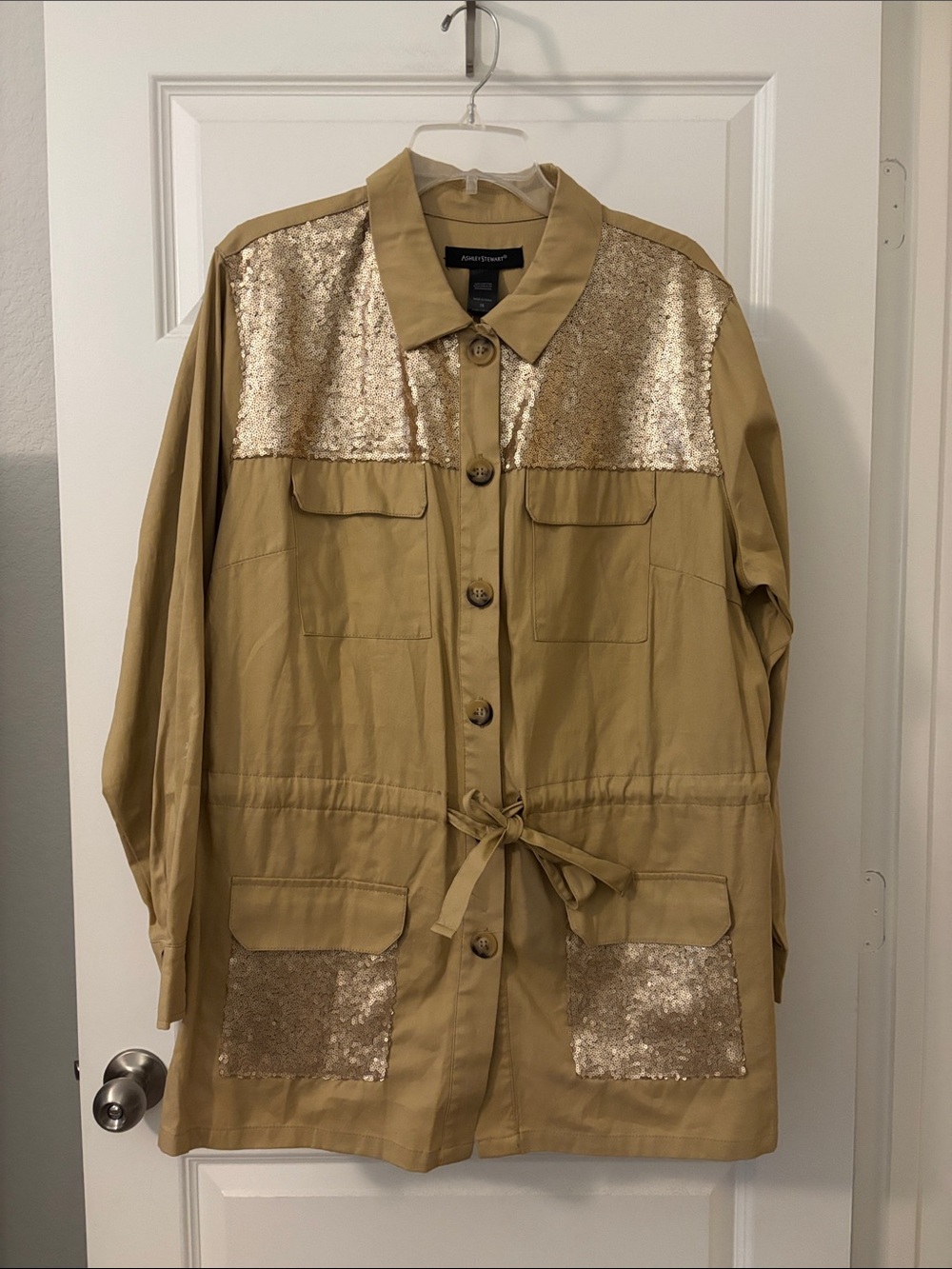Ashley Stewart Tan Sequin Drawstring Button Trench Coat SZ 16 100% Cotton NWT